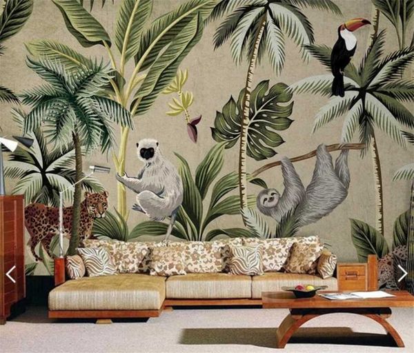 

Milofi Southeast Asian Toucan Monkey Mural Wallpaper Living Room Hand-painted Wallpaper Custom 3d Mural
