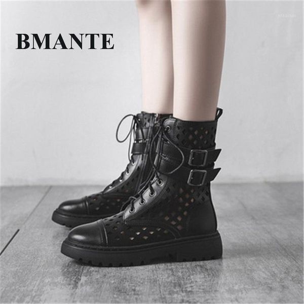 

boots women's autumn summer pu leather mesh hollow platform shoes lace uo goth dark high street female ankle brand design1, Black