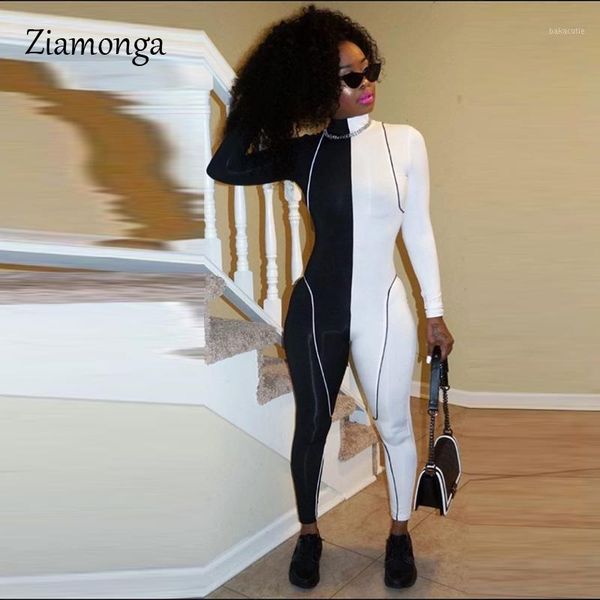 

ziamonga stretch autumn winter rompers womens jumpsuit bodycon long sleeve pants zipper bodycon jumpsuit patchwork club1, Black;white