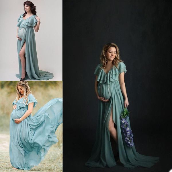 

2021 chiffon plus size sleepwear women maternity dress side split bridal long nightgownsl v neck bathrobes custom made, White