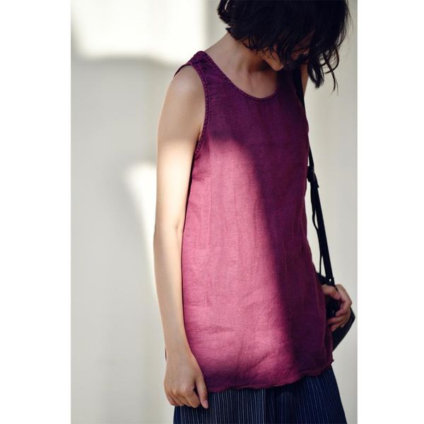 

micoco b7593c heavy industry washed with nostalgia hem linen round collar with vest inside literary women's wear, White