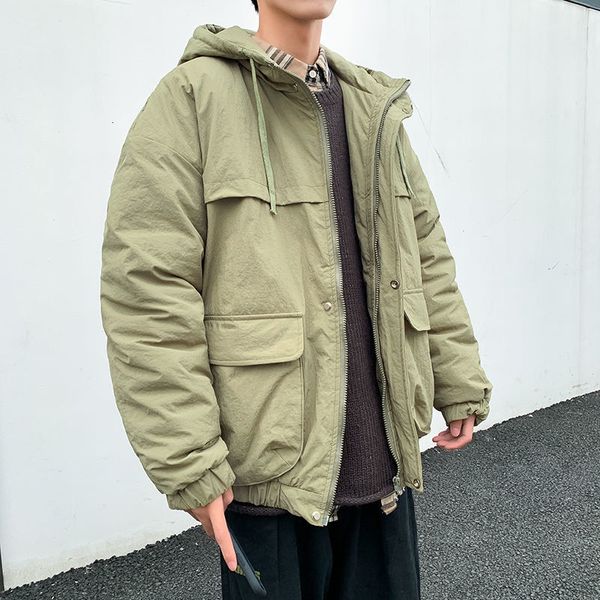 

winter jacket men's parka warm fashion casual hooded short coat men streetwear loose cotton thicken jacket mens clothes m-2xl, Black