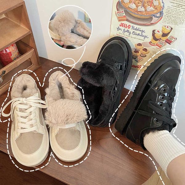 

2022 new korean autumn winter plush thickened leisure college style splicing lace up snow boots student flat warm shoes, Black