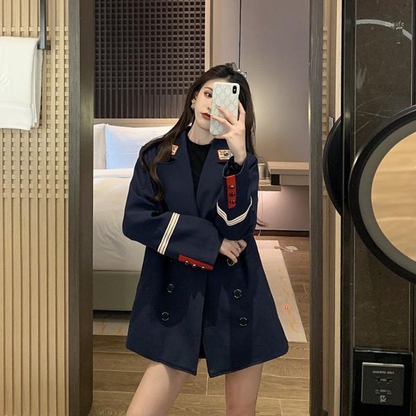 

blazers navy blue patchwork pocket long sleeve notch collar spring autumn chic elegant double-breasted high street embroidery1, White;black