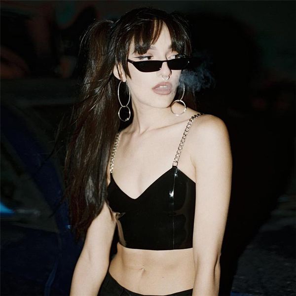 

goth dark pu v neck tank chain strap crop solid sleeveless vest short darkness zipper backless summer pu camis, White