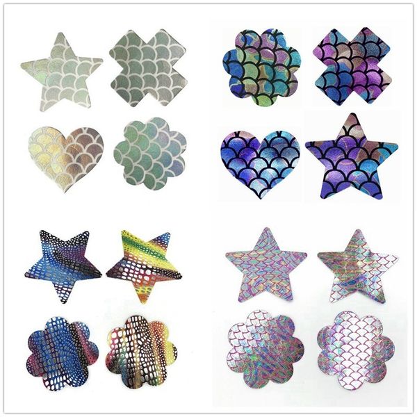 colorful laser invisible chest stickers leopard blackless breathable invisible mermaid nipple cover fish scale chest pad
