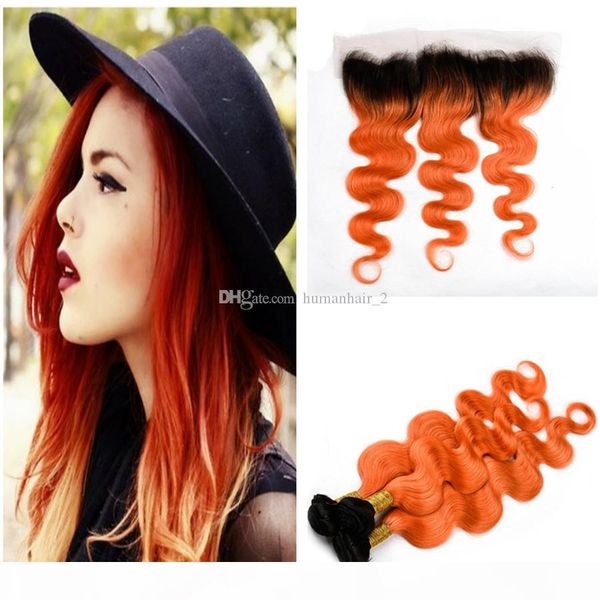 

orange ombre lace frontal with bundles brazilian virgin human hair weaves body wave with lace frontal two tone human hair, Black;brown