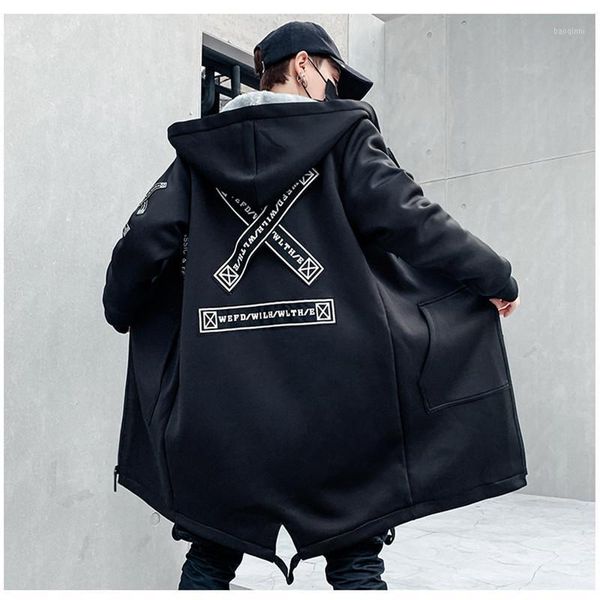 

winter slim long trench coat men letter print style hooded overcoat black hip hop streetwear autumn korean mens jacket1, Black;brown