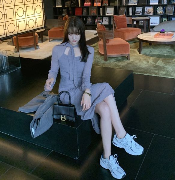 

2020 autumn new long skirt korean temperament goddess long dress and slimbottom feeling dress hwtq3, Black;gray