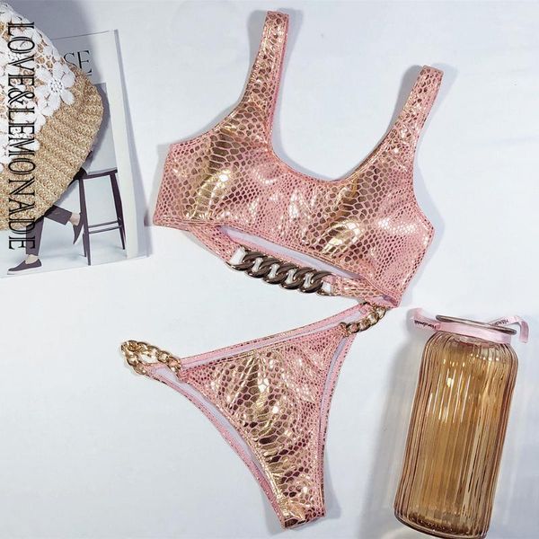 

love & lemonade pink cut out metal chain reflective material bikini lmsw961, White;black