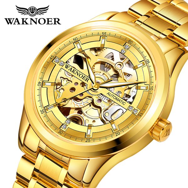 

waknoer skeleton mechanical sport men waterproof automatic male clock auto date luxury diamond men's watch watches, Slivery;brown