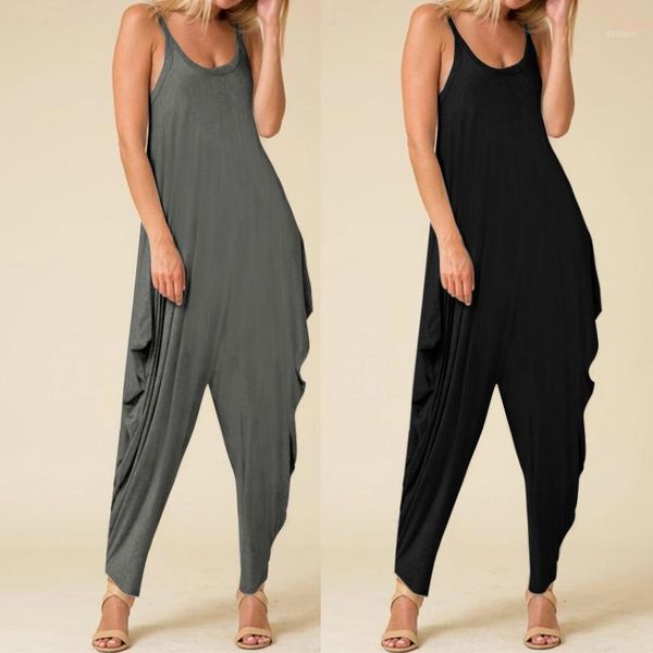 

2020 fashion women knitted jumpsuits celmia sleeveless spaghetti strap romper casual bagyy drop-crotch harem pants oversize1, Black;white