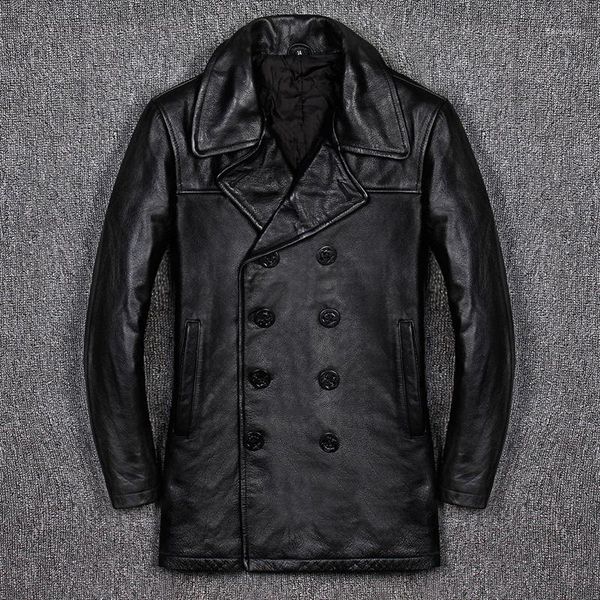 

new genuine 2020 jacket men business plus cotton casual slim fit windbreaker cowhide long winter leather coat1, Black