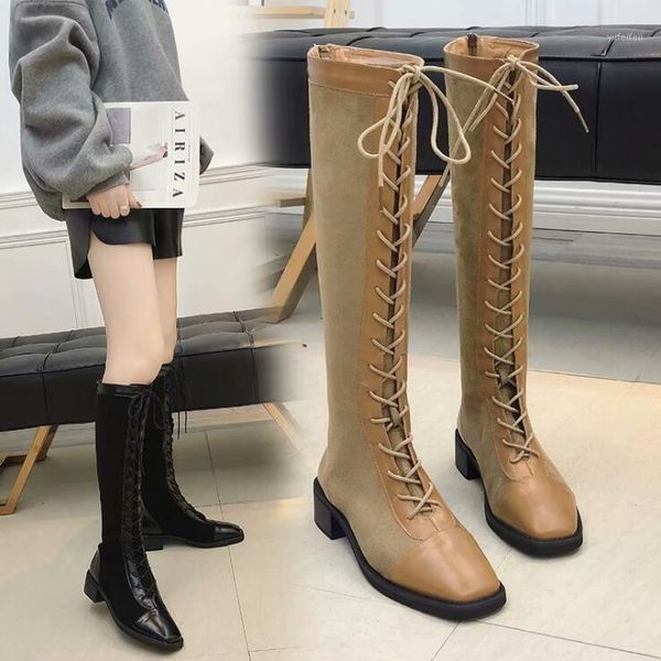 

women shoes woman boots knee-high boots solid color fashion lace plus velvet 2020 winter new warm comfortable x801, Black