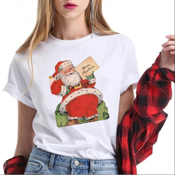 

funny santa claus t shirt women christmas cartoon printed short sleeve basic tee shirt xmas women t shirt camiseta, White