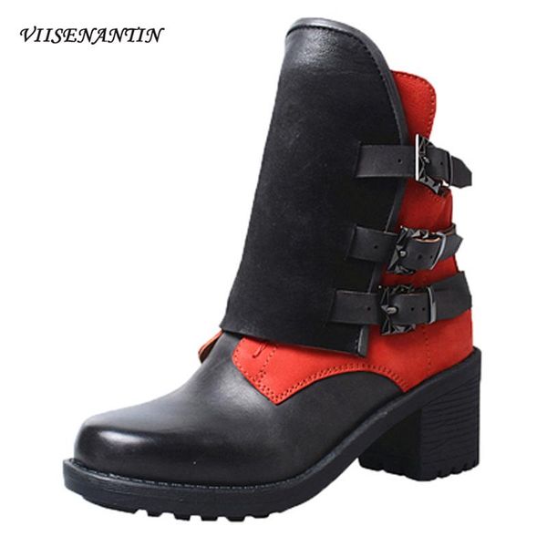 

autumn and winter belt buckle color matching thick high-heeled thick-soled anti-skid beef tendon bottom cowhide short boots, Black