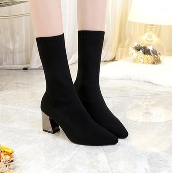 

women mid-calf sock boot autumn female elegant pointed toe high heel ladies stretch cloth square heel 2021 woman shoes plus size1, Black