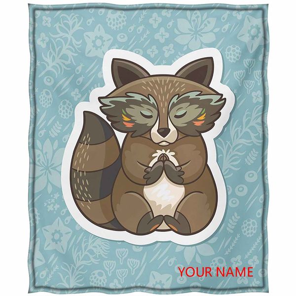 

cartoon printed throw blanket, cute raccoon meditating on blue meadow spring flowers graphic art diy blanket, for sofa couch bed, turquoise