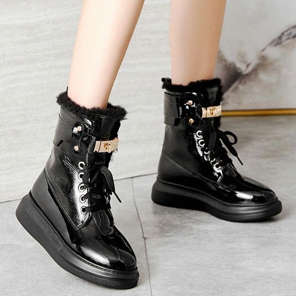 

rimocy fashion metal buckle warm woman ankle boots shoes women pu leather winter short plush snow boots chunky platform shoes #uv0f, Black