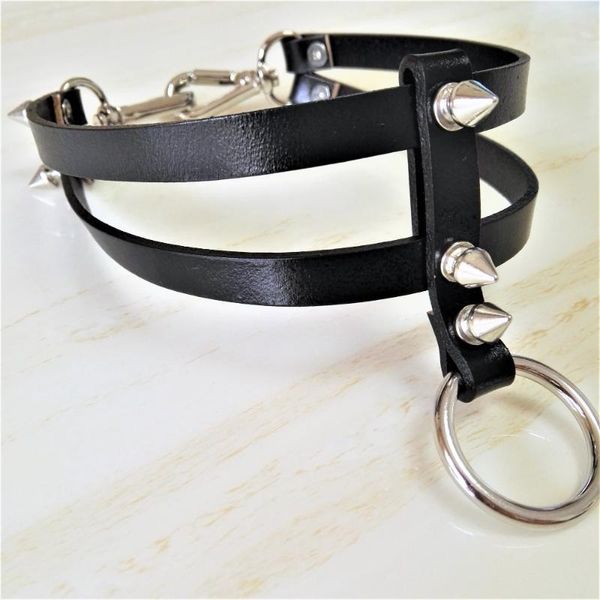 

new fashion harajuku handmade choker punk leather collar belt necklace spikes and chain torques club party two layers, Golden;silver