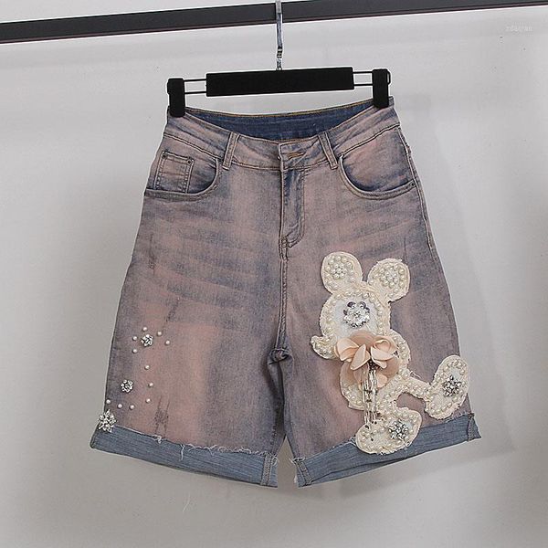 

women's jeans, women's cartoon beading jeans, knee length fashion summer jeans1, Blue