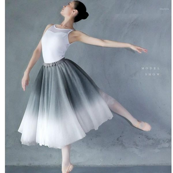 

d0826 lady ballet dancing skirt female gymnastic gradient soft mesh suit gauzy dance customs teacher elastic skirt dance costume1, Black;red