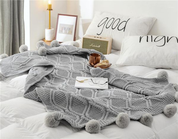 

100% cotton solid knitted blanket with ball nordic modern soft plaid blanket for bed chair sofa couch home decorative blankets1
