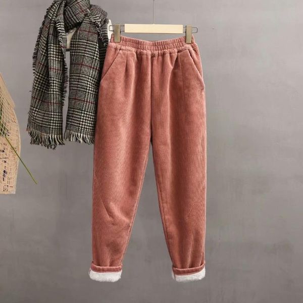 

winter women solid color corduroy pants new 2021 elastic waist warmth casual thick fleece pants trousers autumn fashion female, Black;white