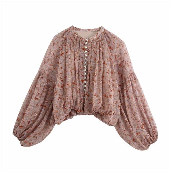 

women vintage printing chiffon single breasted short shirt casual femme lantern sleeve blouse lady loose blusas s8037, White
