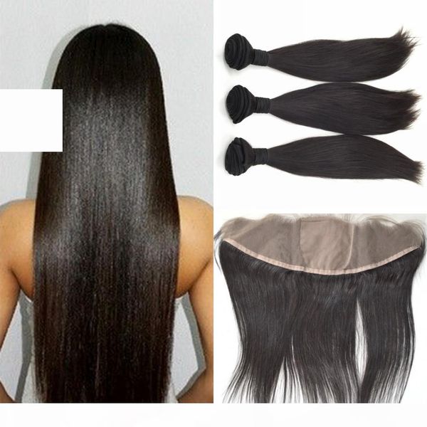 

brazilian straight silk base lace frontal closure with bundles virgin brazilian weave bundles with silk full lace frontal 13x4, Black