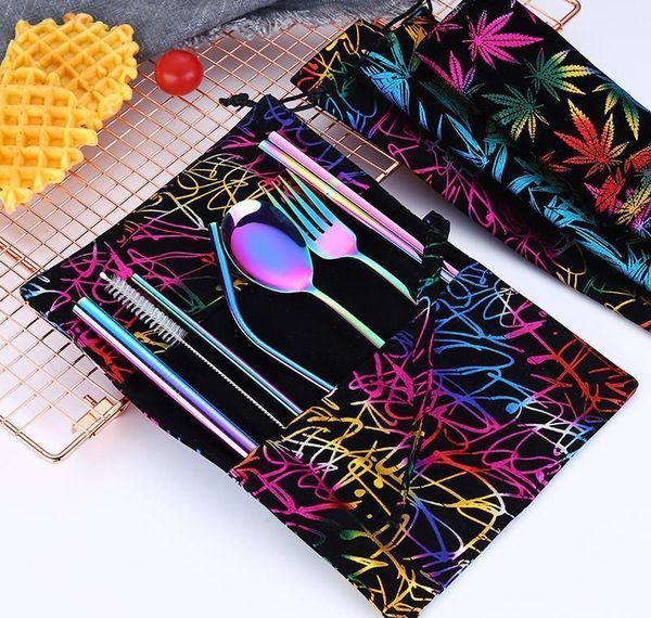 

stainless steel cutlery sets chopsticks spoons knife straws cleaning brush set colorful portable reusable dinne jllbnd mx_home
