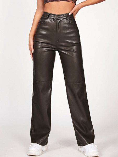 

petite solid pu leather straight leg pants z92f#, Black;white