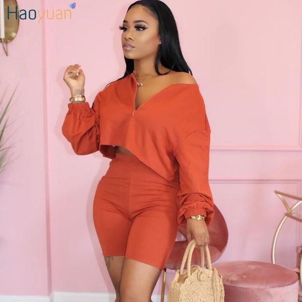 

haoyuan plus size two piece set women tracksuit summer clothes crop biker shorts cute suits club outfits matching sets t200603, White
