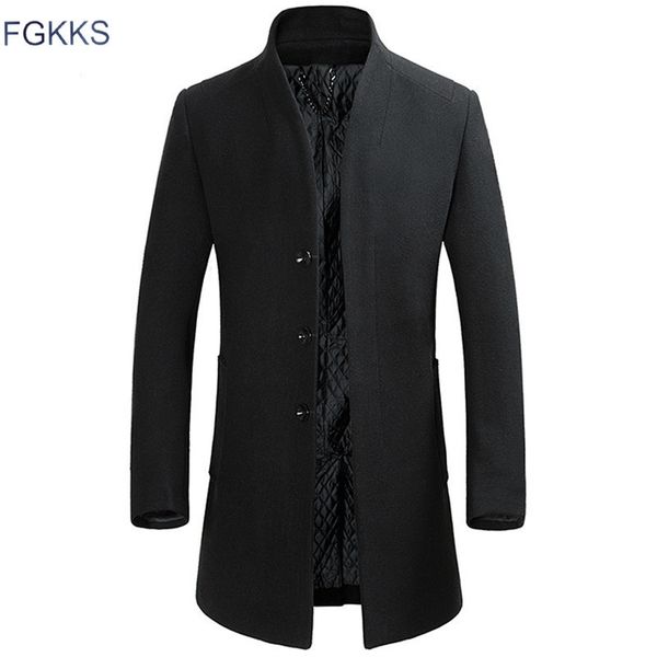 

fgkks men winter wool coat men's new fashion solid color warm thick wool blends woolen pea coat male trench coat overcoat 201120, Black