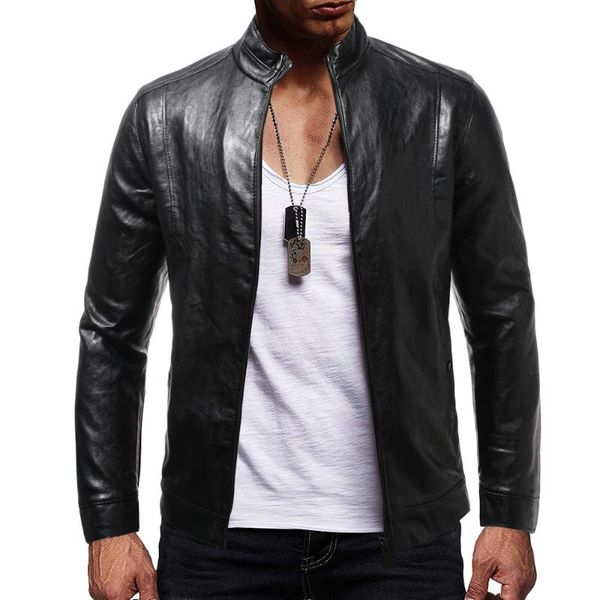 

faux fur coat men 2020 new fashion trend men's solid color stand collar zip motorcycle slim long sleeve leather jacket for men, Black