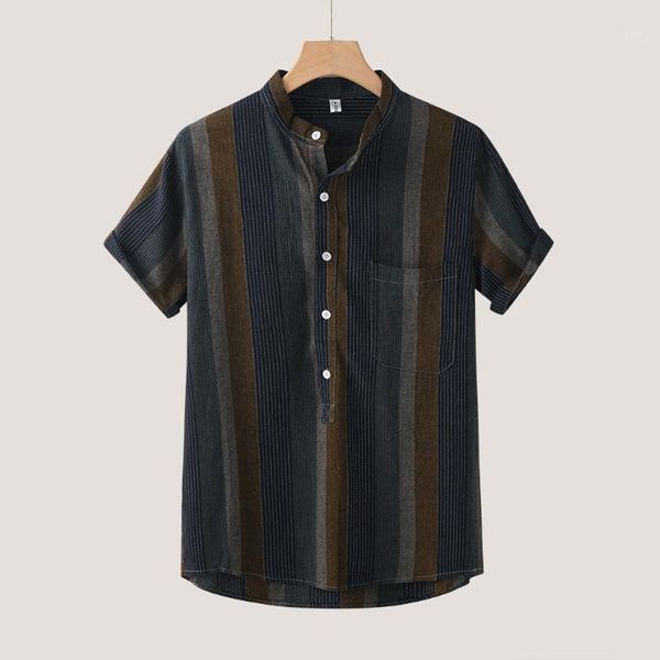 

summer shirts for men casual loose short sleeve mens shirts striped print button turn-down collar blouse chemise homme1, White;black