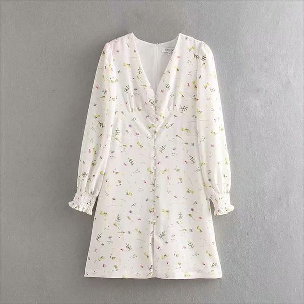 

2021 women elegant v neck flower vestidos print mini dress female french style long sleeve casual slim buckles dresses ds2734, Black;gray