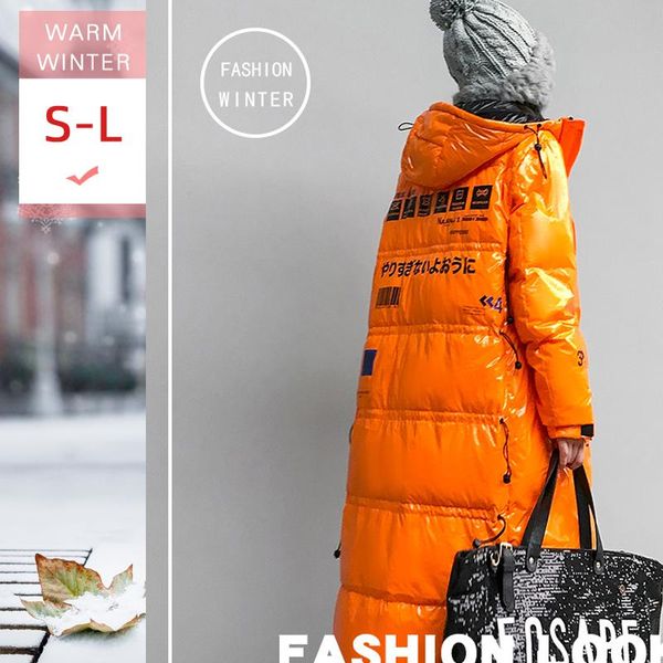

new women winter long white duck down jacket with hood female loose casual thick warm zipper coat winproof waterproof big size, Black