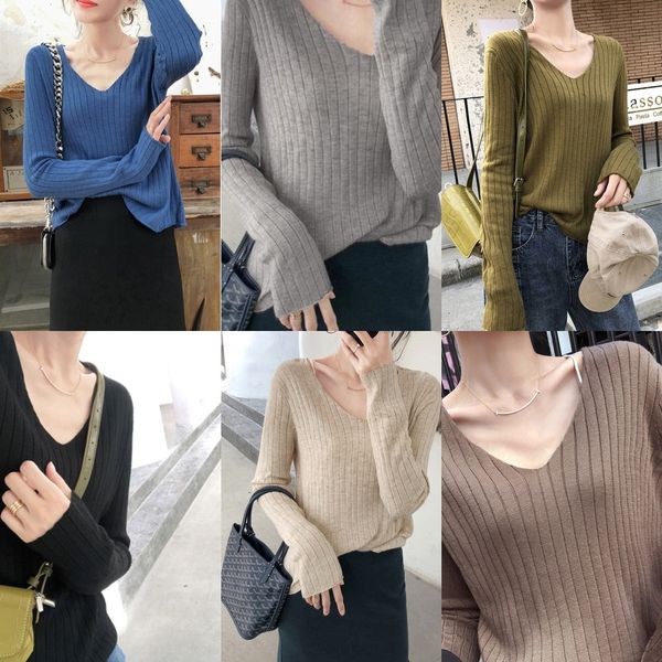 

o4gd3 women's and autumn new foreign 2020 spring style wear v-neck sweater knitted slim tight sweater zkbcl, White;black