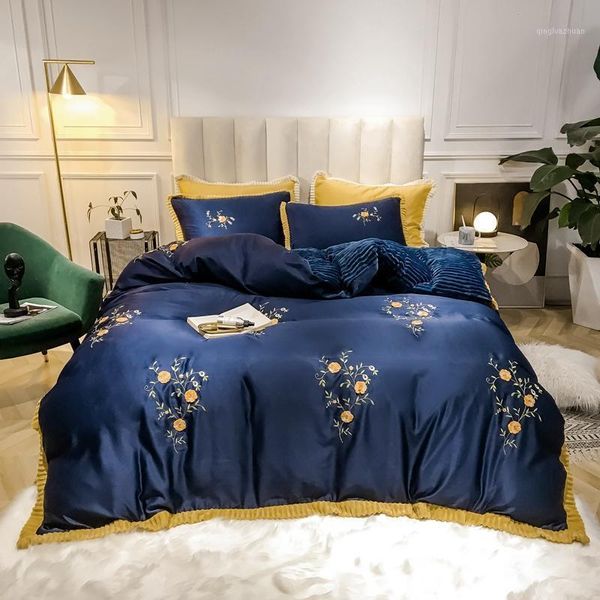 

floral embroidery navy comforter cover set  king size cotton fleece warm bedding set bed sheet with 2 pillow shams1