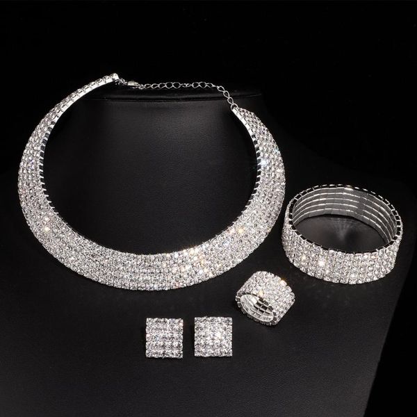 

luxury romantic crystal wedding jewelry sets silver color bridal necklace earrings bracelets ring sets for women w001