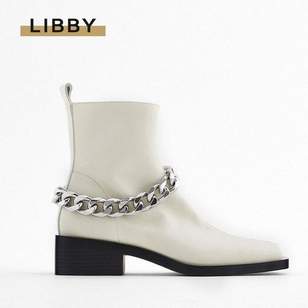 

boots 2021 women winter white ankle flat heels metal chain fashion brand street punk shoes square toe woman chunky, Black