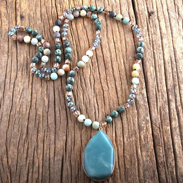 

rh fashion boho jewelry natural stones knotted amazonite stone pendant necklace for women gift dropship, Silver
