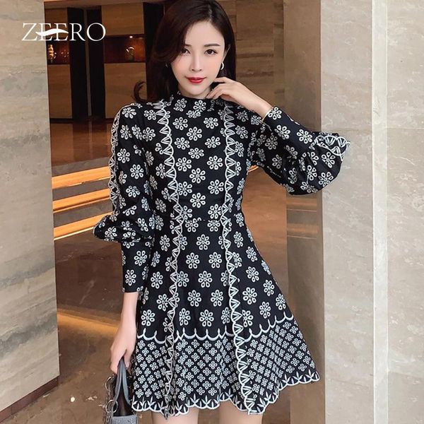 

fashion runway autumn puff long sleeve a-line short dress women stand-up collar embroidery flowers slim mini party dresses1, Black;gray