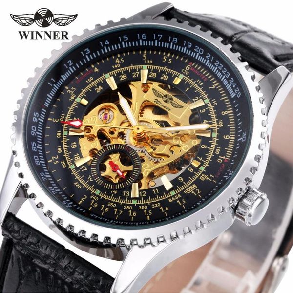 

wristwatches winner men fashion mechanical wristwatch leather strap transparent dial skeleton movement watch + box, Slivery;brown