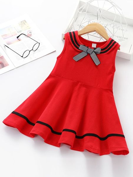 

toddler girls striped bow neck a-line dress she, Red;yellow