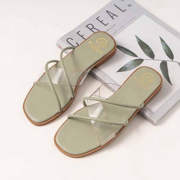 

sandals transparent band square toe flats women open gladiator sandalias non-slip cross-strap clear flip flops big size35-431, Black