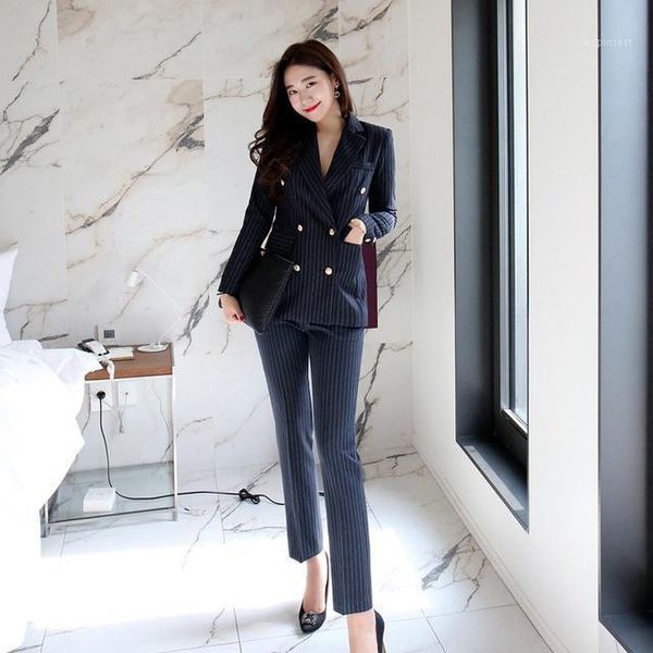 

fashion elegant work business pants suits women double breasted stripe blazer jacket & pants two-piece set female office uniform1, White
