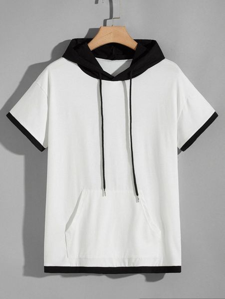 

men contrast panel kangaroo pocket drawstring hooded tee z2fq#, White;black