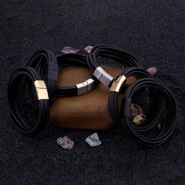 

vintage leather bracelet multi-layer stainless steel braided bracelet men's jewelry wholesale, Black